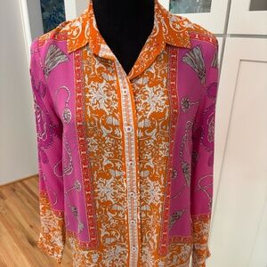Maeve by Anthropologie Pink+Orange Silk Button Down Blouse, Size 6